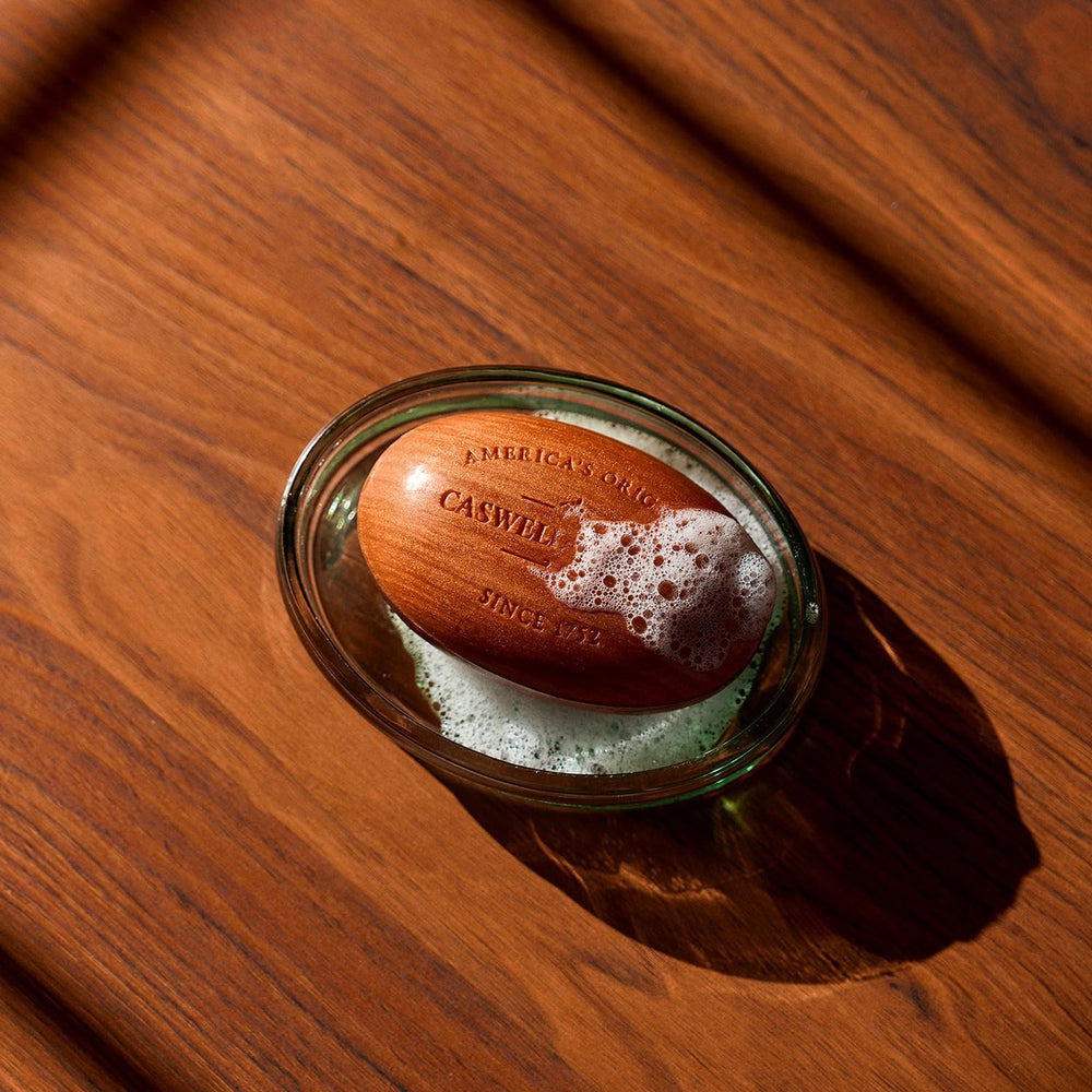 Caswell-Massey soap bar close-up showing smooth texture and durable lather
