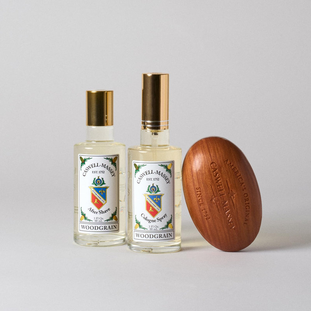 Caswell-Massey Woodgrain Sandalwood premium packaging conveys luxury