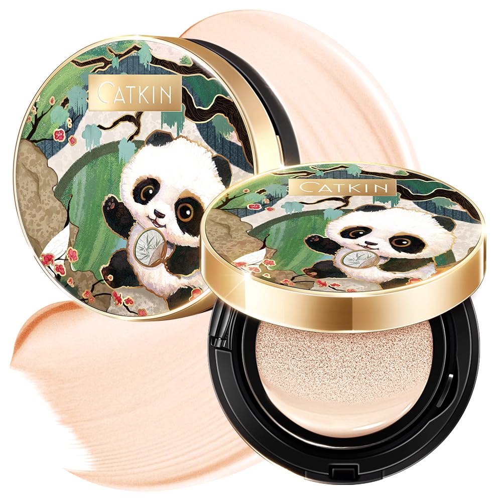 Catkin Panda Land cushion compact shows a poreless, hydrating finish for sensitive skin.
