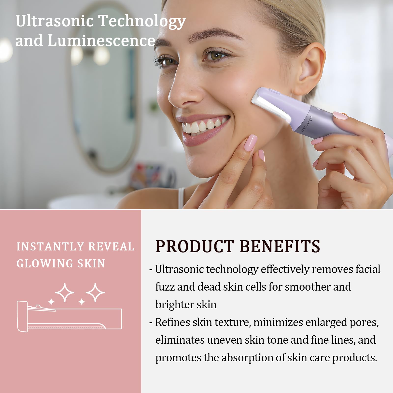 CATLANE Dermaplane Tool in use shows gentle sonic action for comfortable skin prep