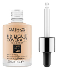 Catrice HD Liquid Coverage 008 bottle closeup for full-coverage, natural-matte finish.