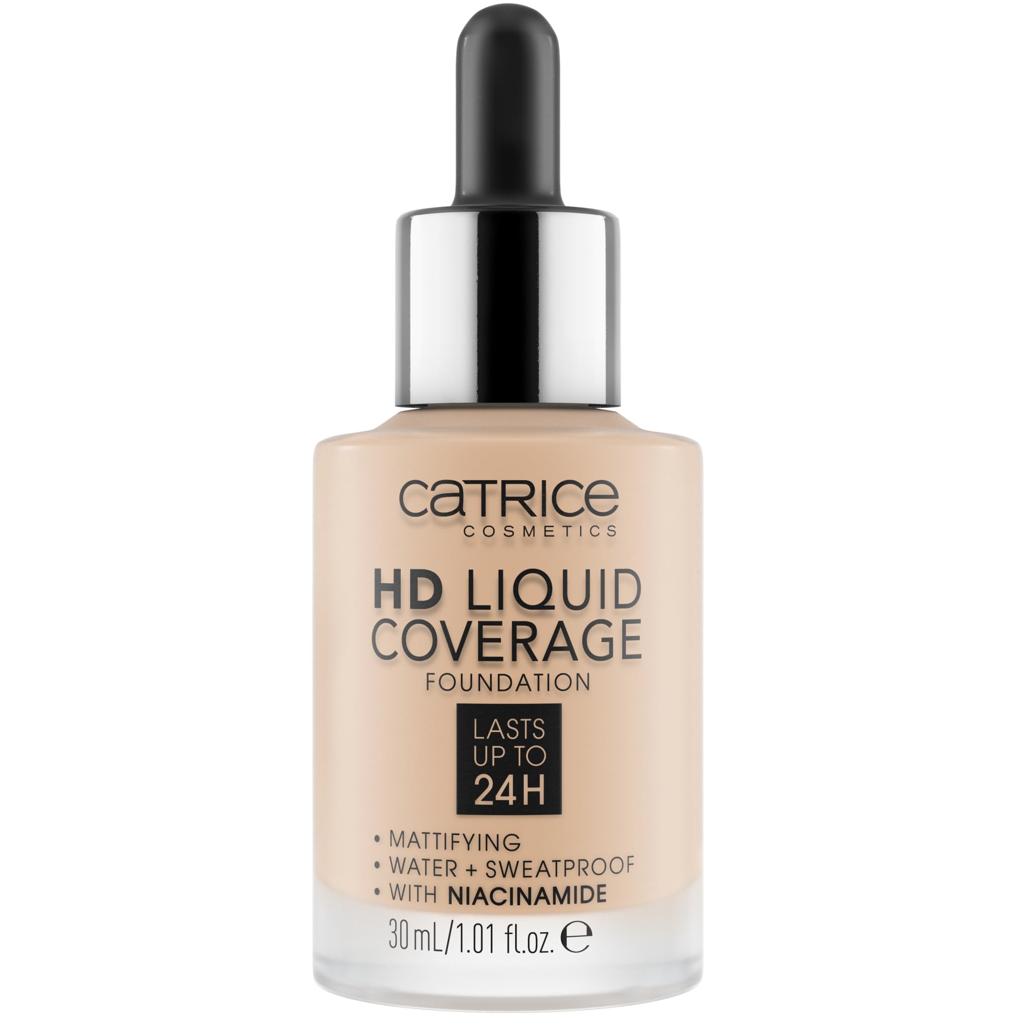 Catrice HD Liquid Coverage bottle demonstrates a lightweight natural matte finish for all day wear