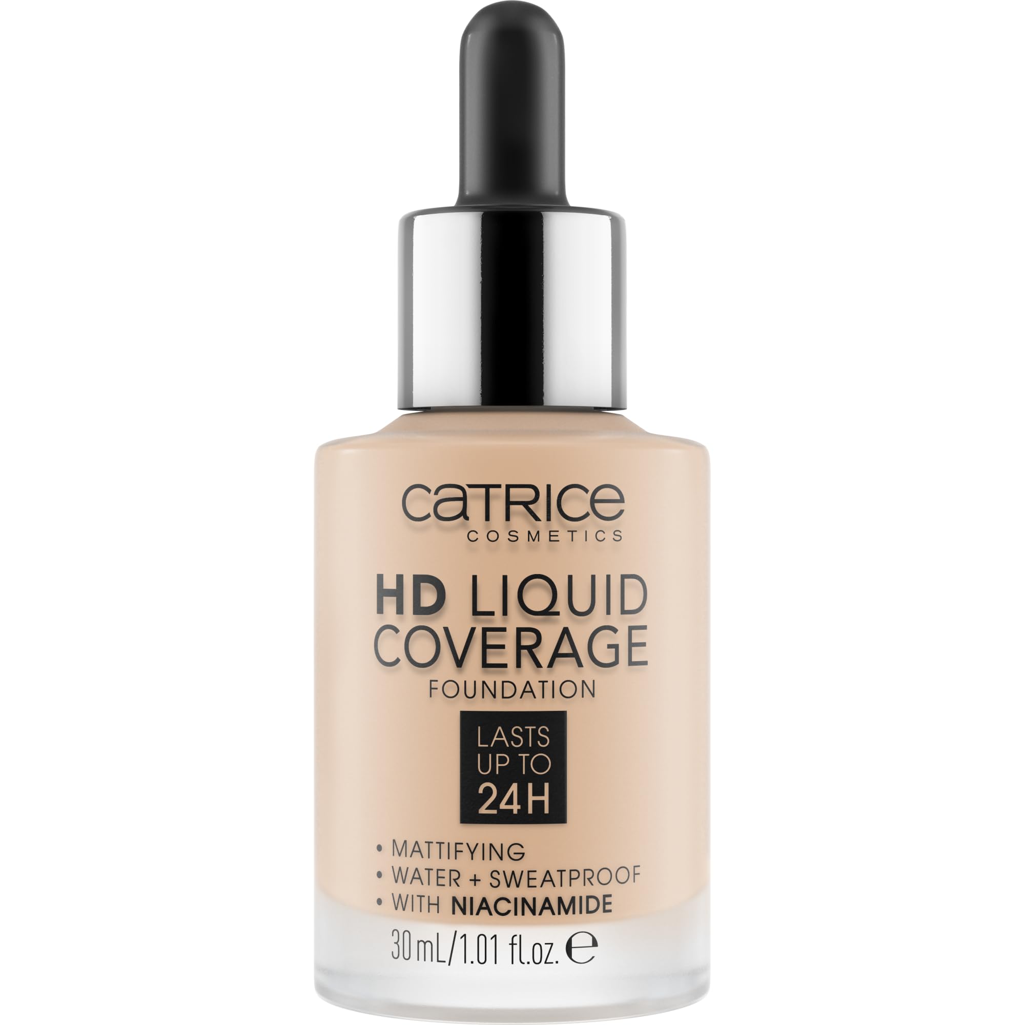 Catrice HD Liquid Coverage dispensing dropper showing easy, even blending for full coverage