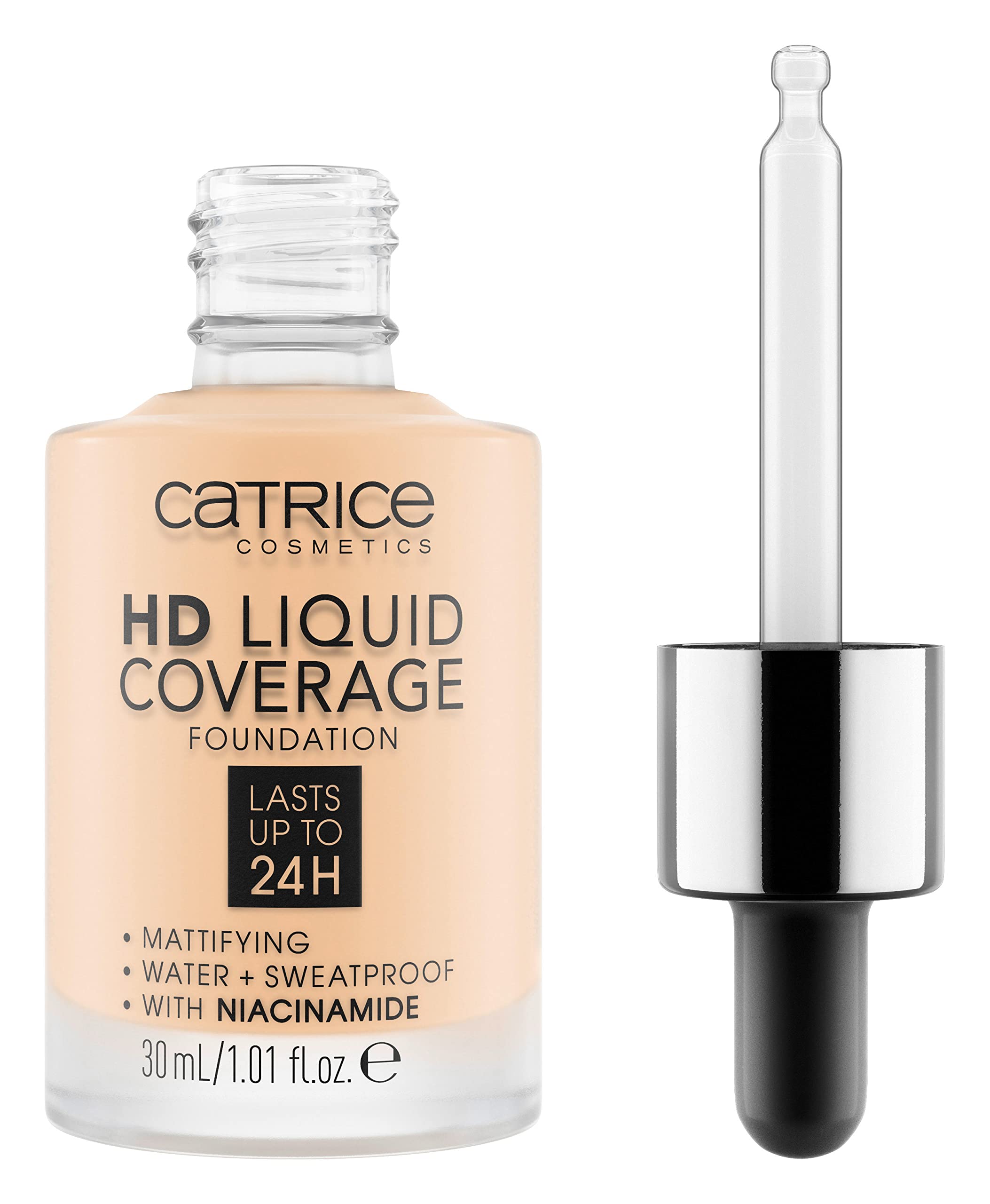 Catrice HD Liquid Coverage bottle closeup shows smooth base for flawless skin