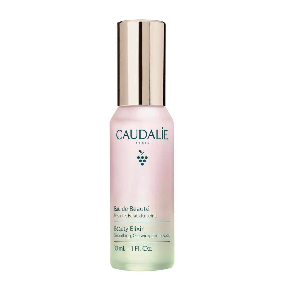 Caudalie Beauty Elixir bottle close-up showing setting spray for dewy skin.