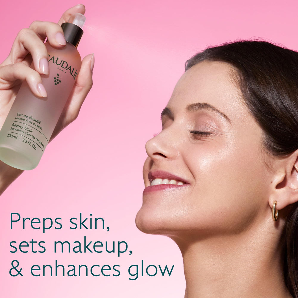 Close-up of Caudalie Beauty Elixir bottle to tighten pores.