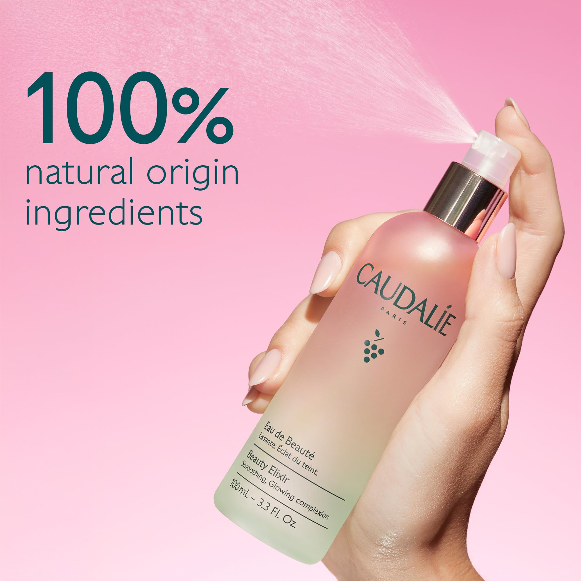 Caudalie Beauty Elixir mist on skin delivering instant radiance and hydration.
