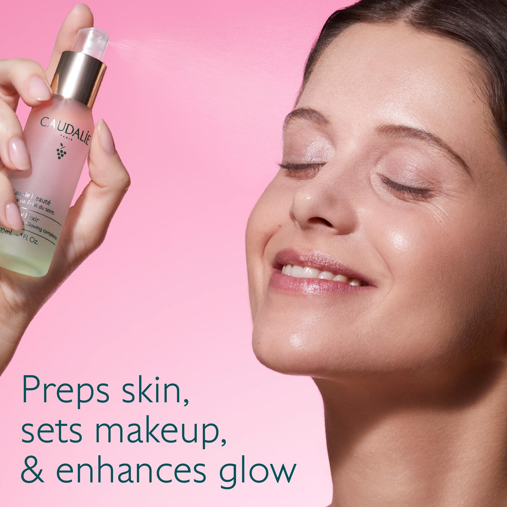 Caudalie Beauty Elixir spray cap ready for refresh between makeup steps.