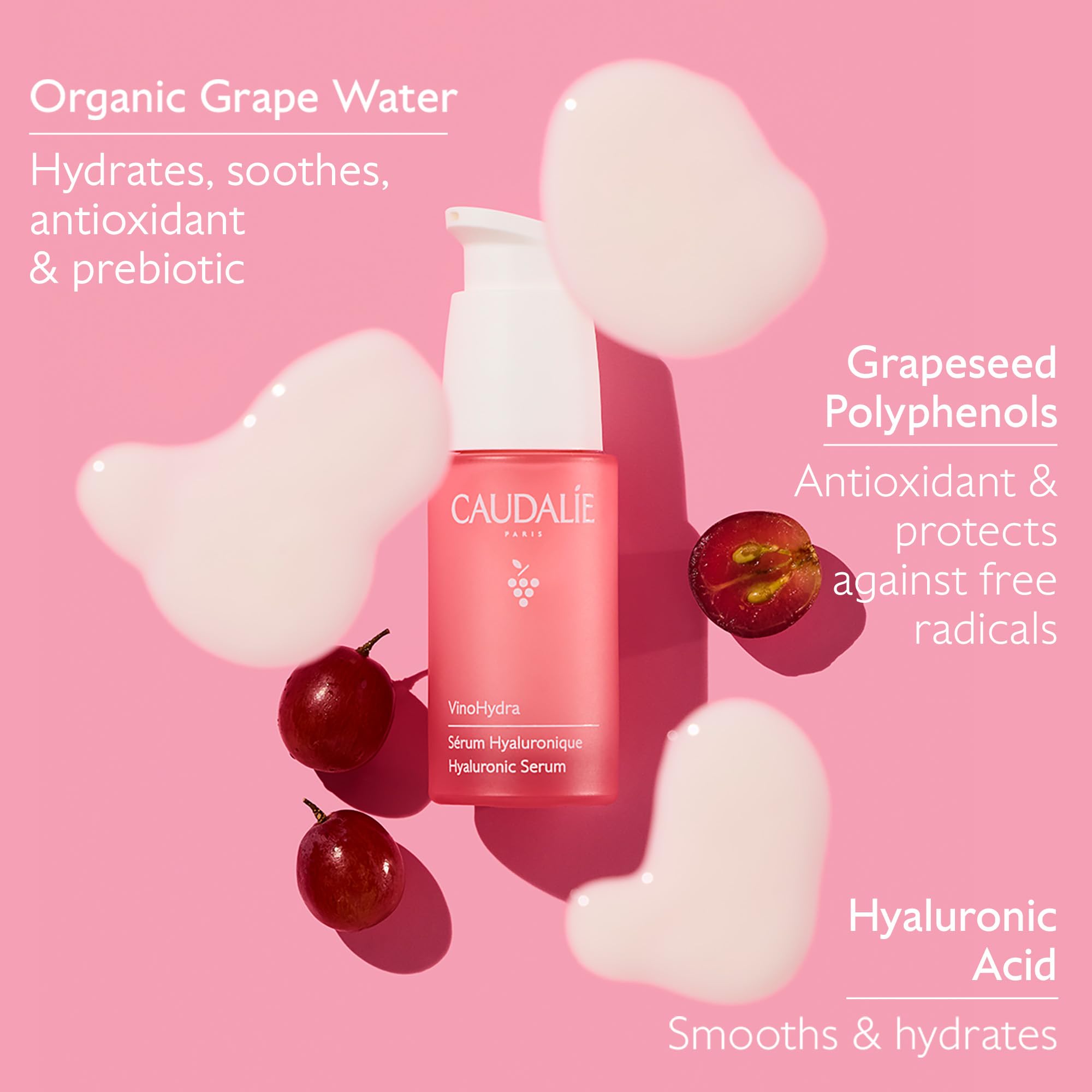 Caudalie grape water hydration close-up emphasizes antioxidant-rich formula.