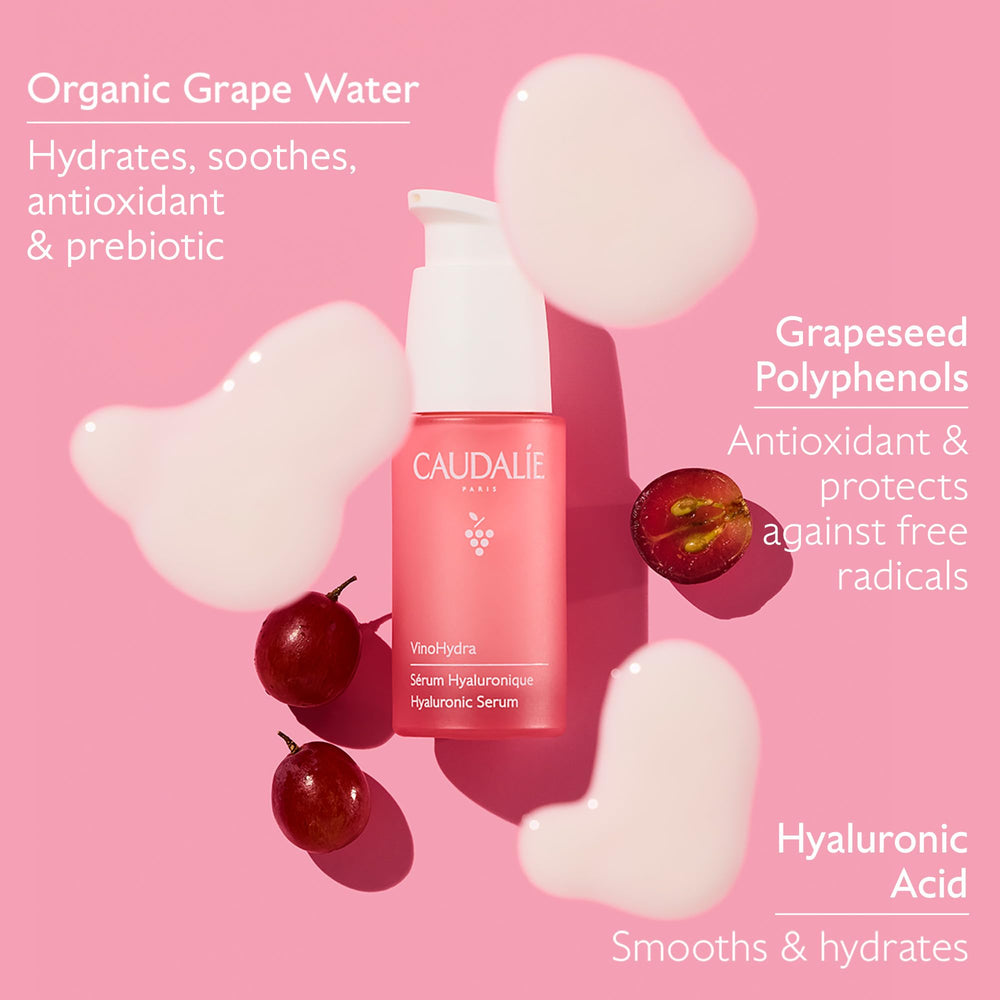 Caudalie grape water hydration close-up emphasizes antioxidant-rich formula.
