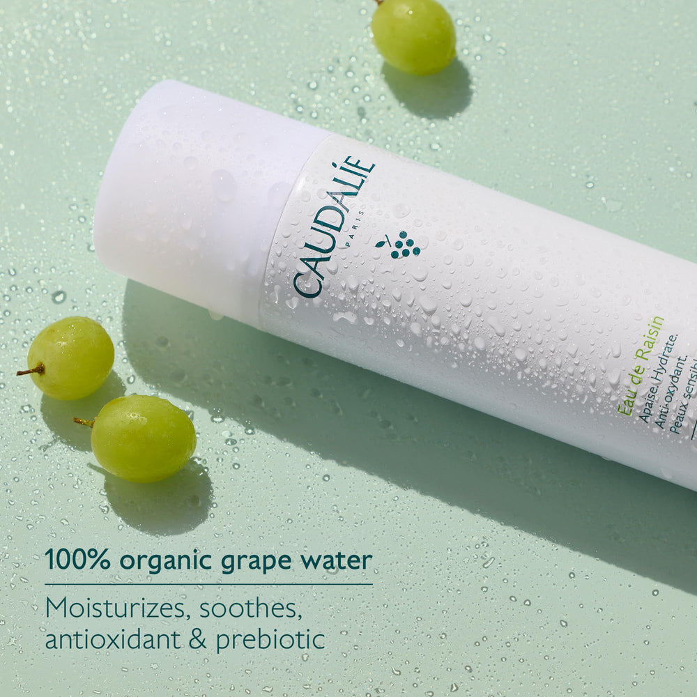 Caudalie Grape Water Mist on skin helps prep makeup with a fresh, hydrated base.