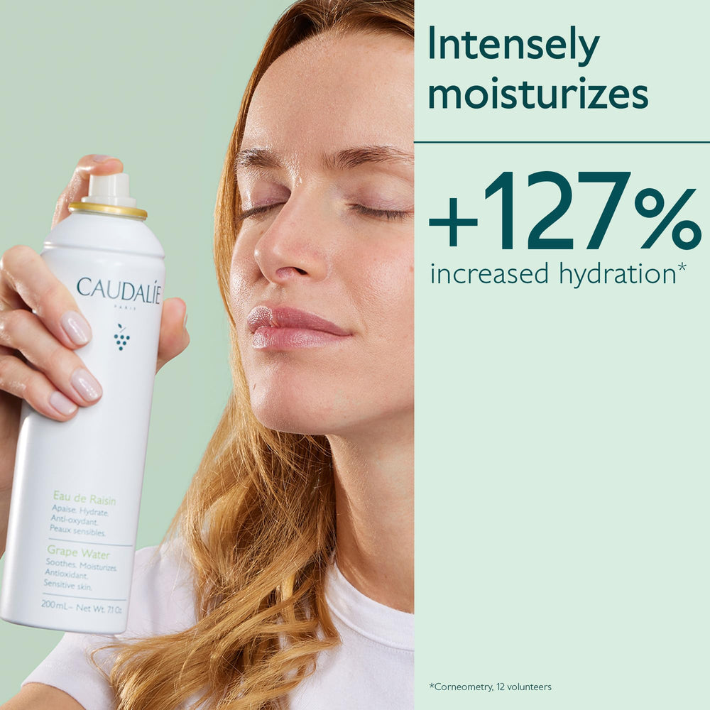 Caudalie Grape Water Mist spritz application, refreshing skin during the day.