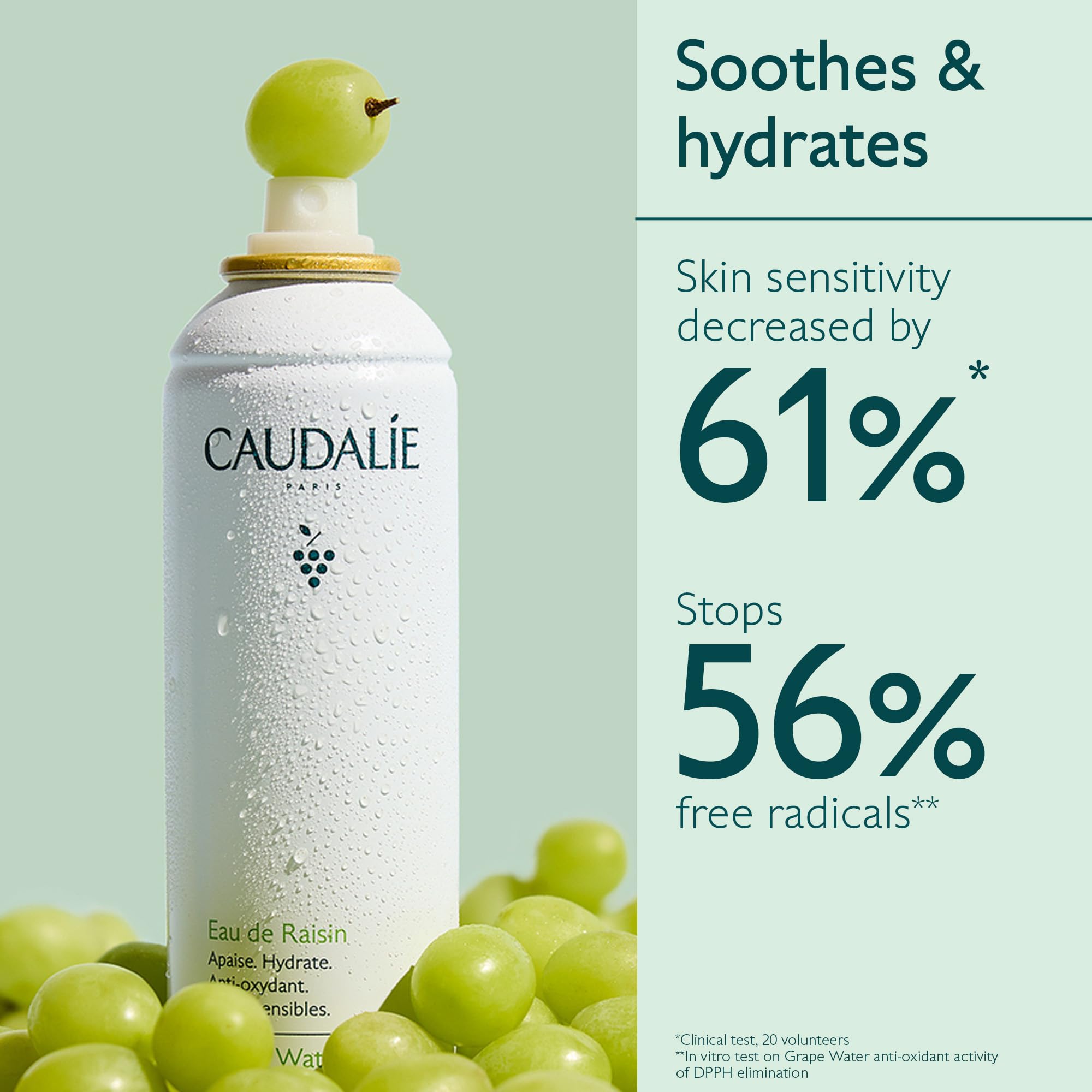 Caudalie grape water spray application highlights easy, soothing mist for sensitive skin.