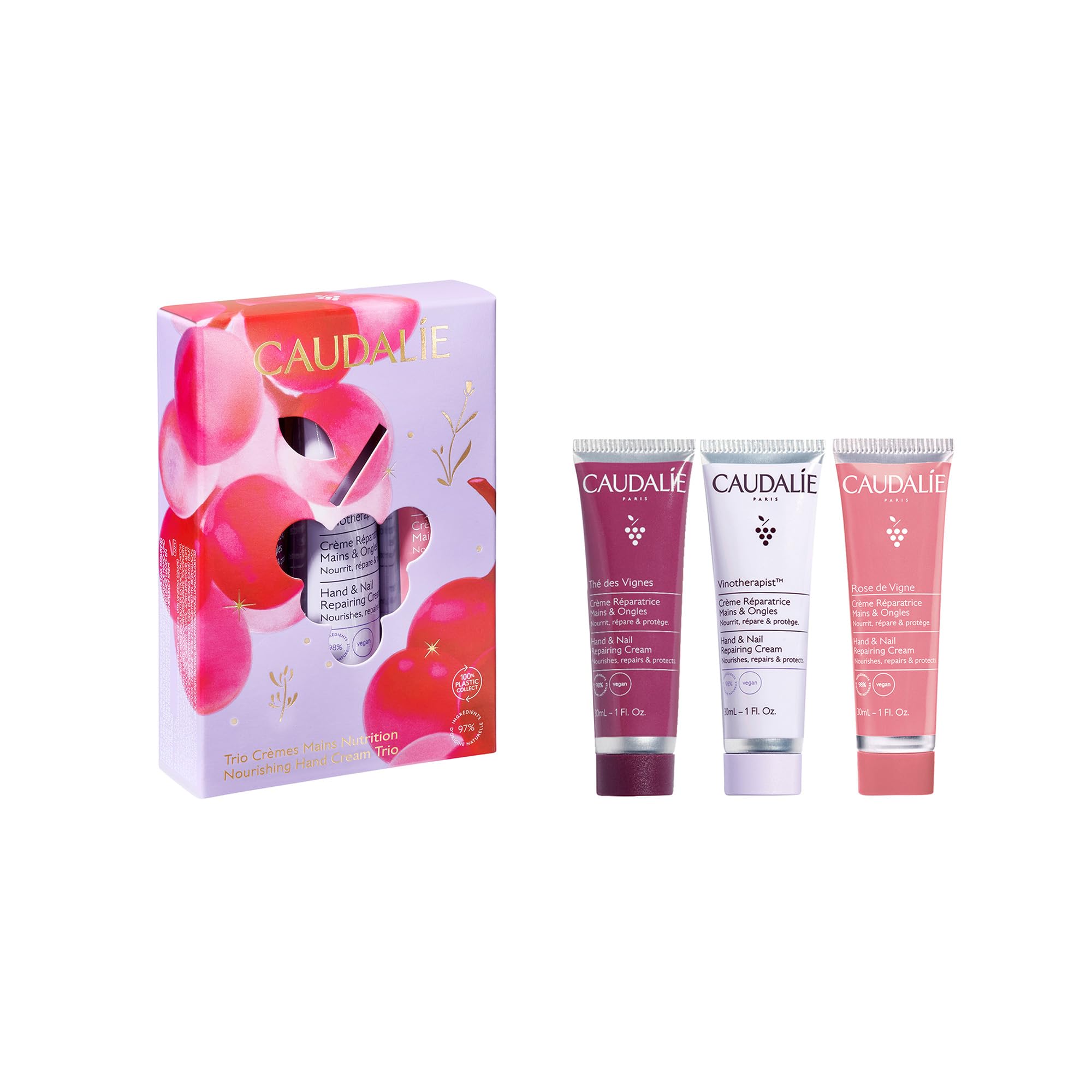 Caudalie hand cream trio packaging shows a gift-ready set for daily hand hydration.