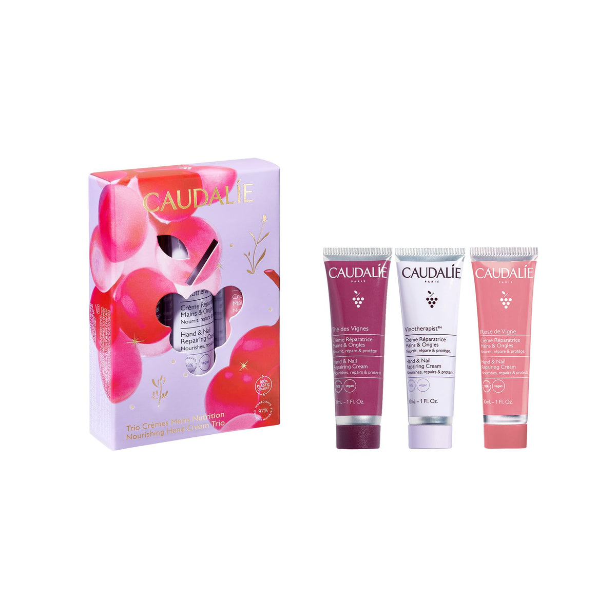 Caudalie hand cream trio packaging shows a gift-ready set for daily hand hydration.