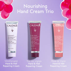 Caudalie hand cream trio texture closeup emphasizes rich nourishment for soft, soothed skin.