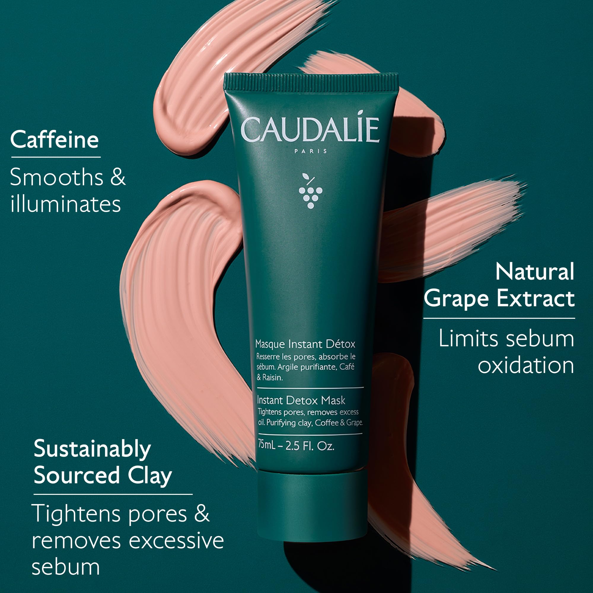 Caudalie Instant Detox Mask grape-extract detail emphasizes antioxidant protection.