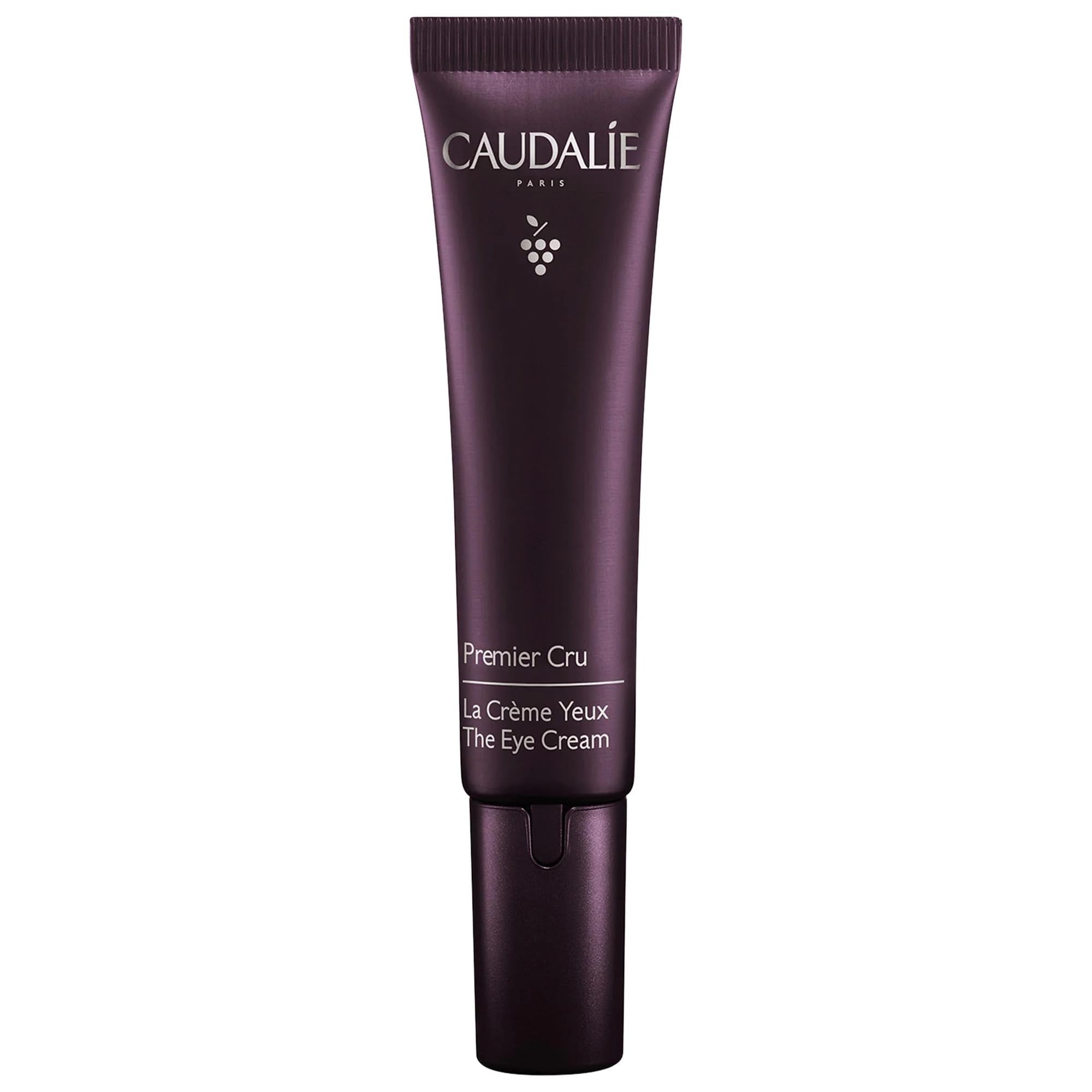 Caudalie Premier Cru eye cream bottle shows premium anti-aging care and moisturizing benefits.