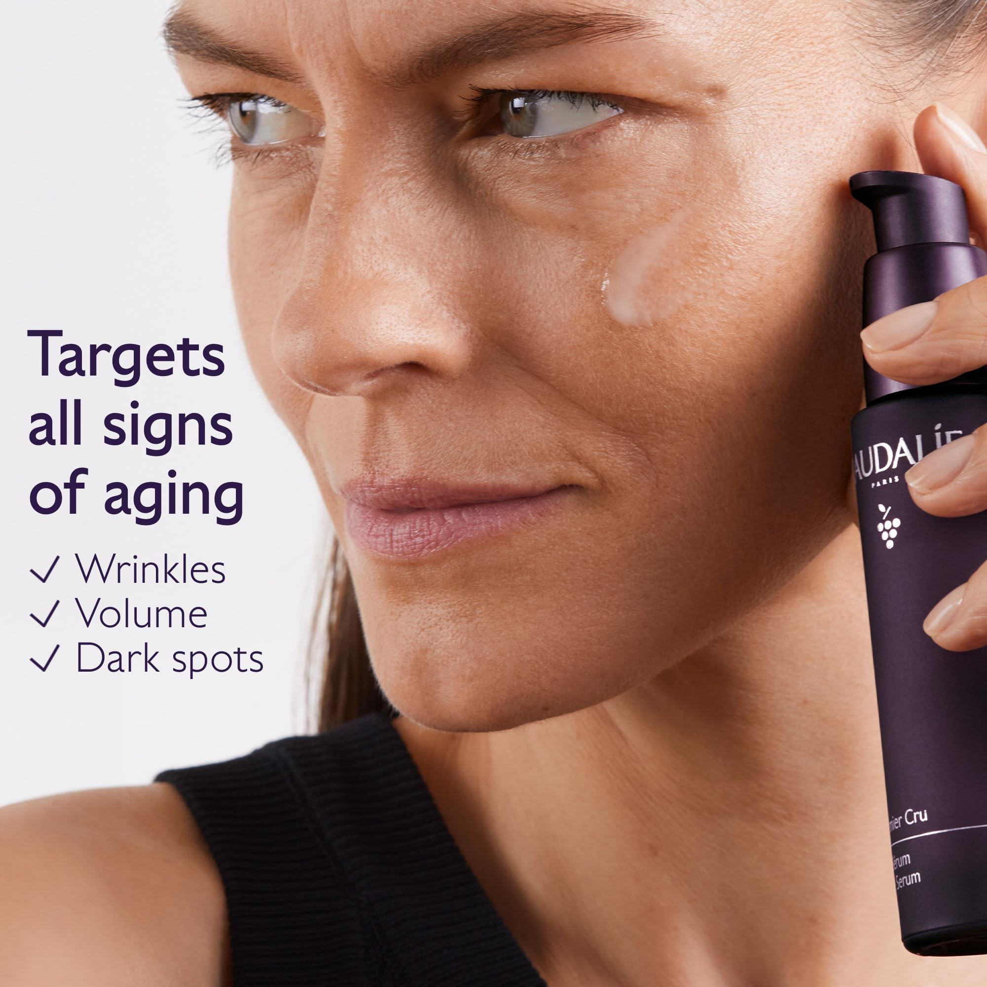 Caudalie Premier Cru serum closeup hyaluronic acid for plump, hydrated appearance.
