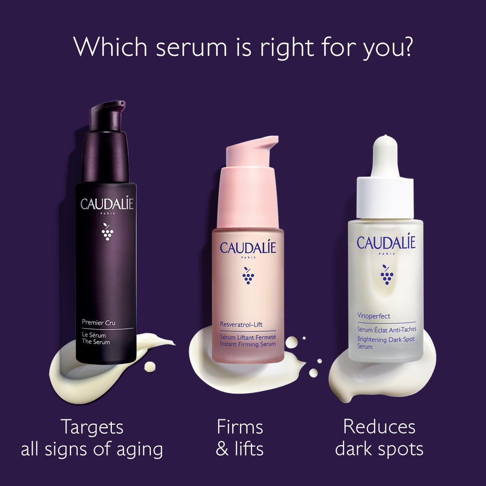 Caudalie Premier Cru serum texture on hand shows creamy consistency for radiant skin.