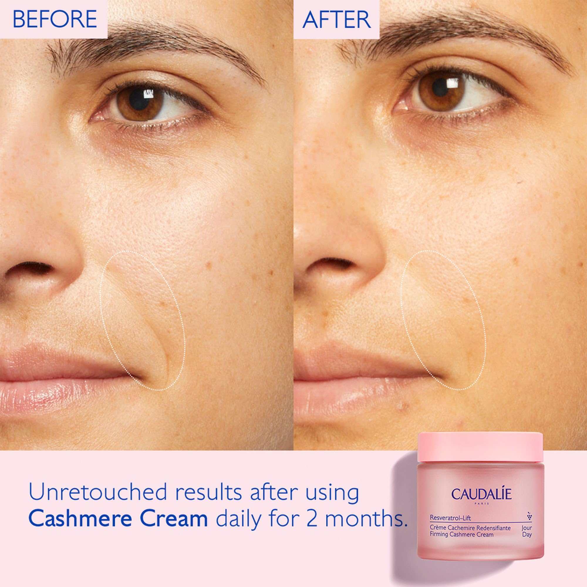 Caudalie Resveratrol-Lift cream texture close-up shows rich hydration.