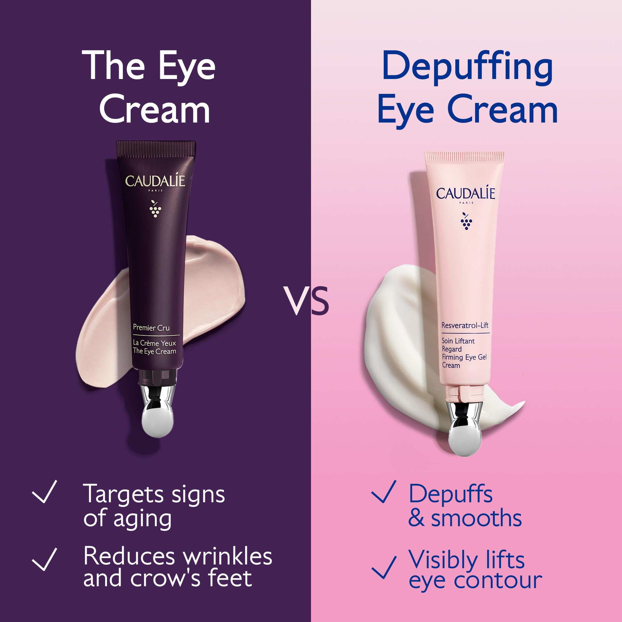 Caudalie Resveratrol-Lift eye gel highlights vegan collagen and resveratrol antioxidants for firming.