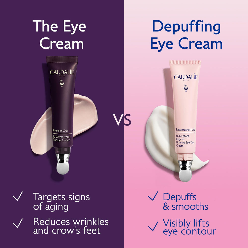 Caudalie Resveratrol-Lift eye gel highlights vegan collagen and resveratrol antioxidants for firming.