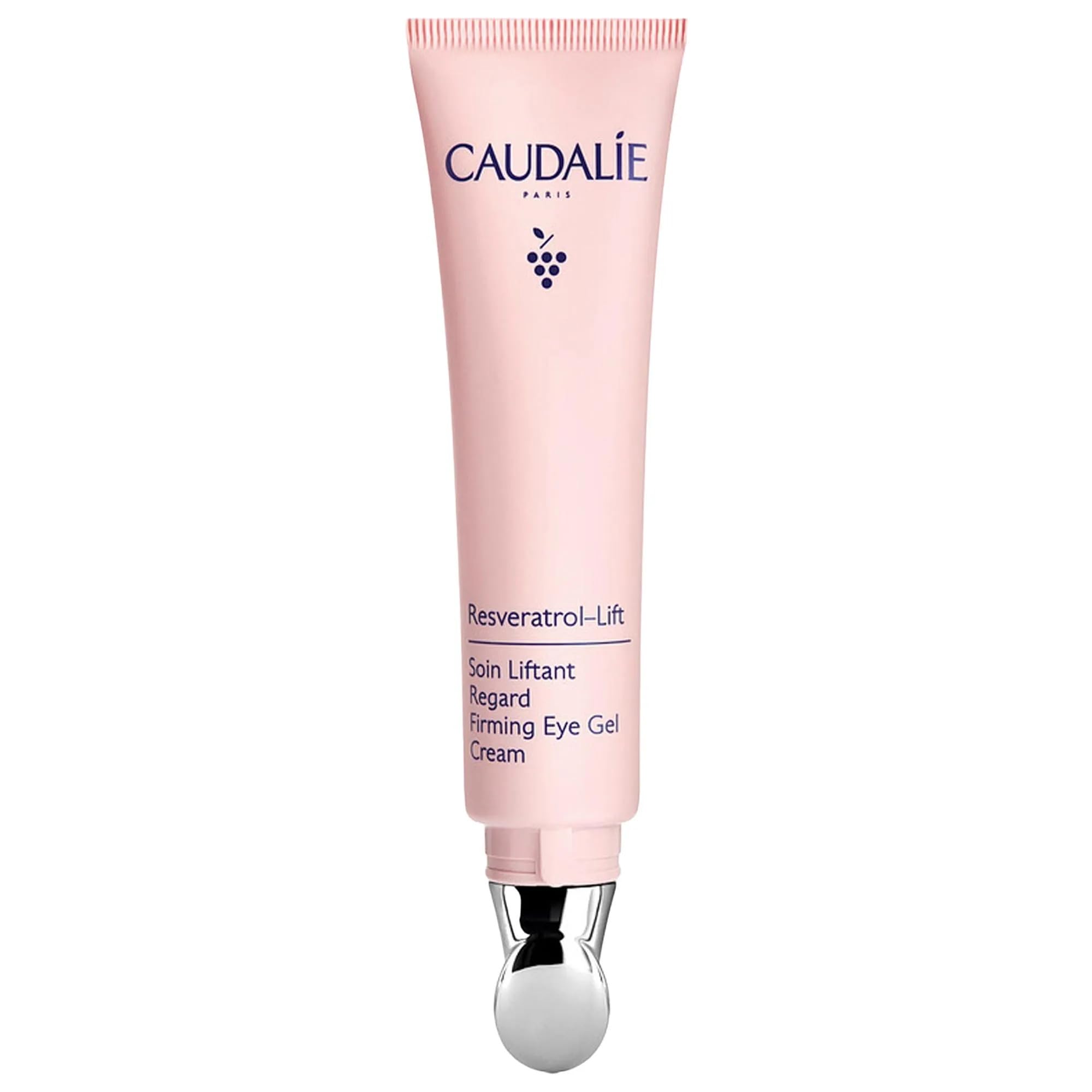 Caudalie Resveratrol-Lift eye gel tube with metal applicator for targeted depuffing.