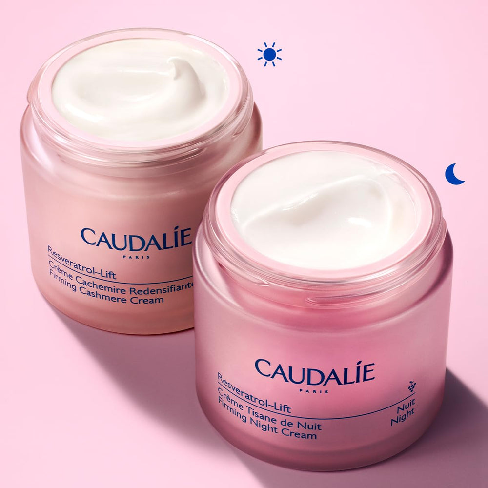 Caudalie Resveratrol Lift night cream being applied to face and neck at night.