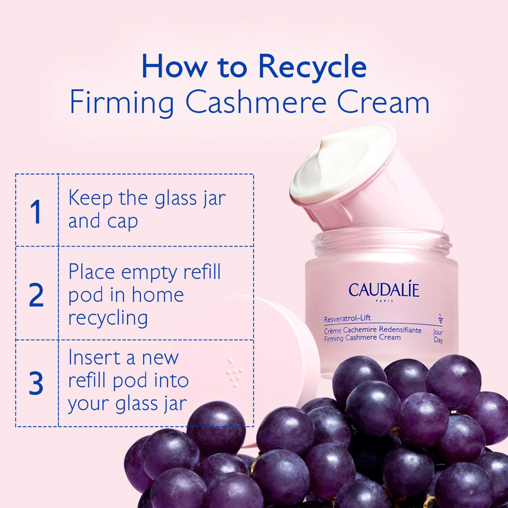 Caudalie Resveratrol-Lift recyclable pod packaging supports sustainability.