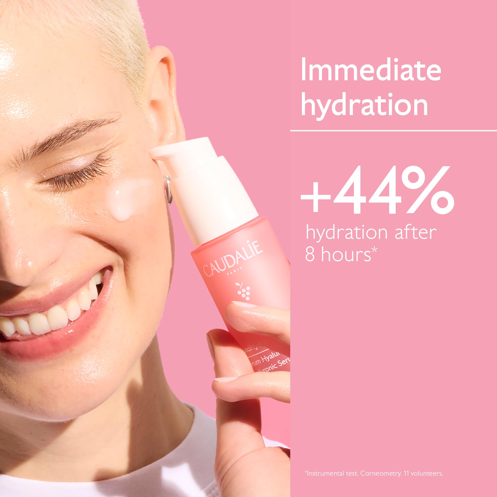 Caudalie serum texture close-up shows lightweight, non-greasy feel.