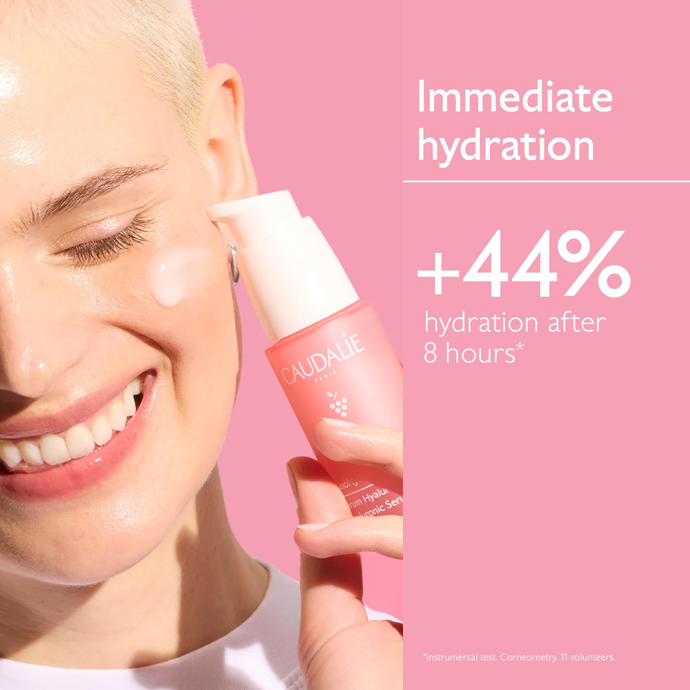 Caudalie serum texture close-up shows lightweight, non-greasy feel.