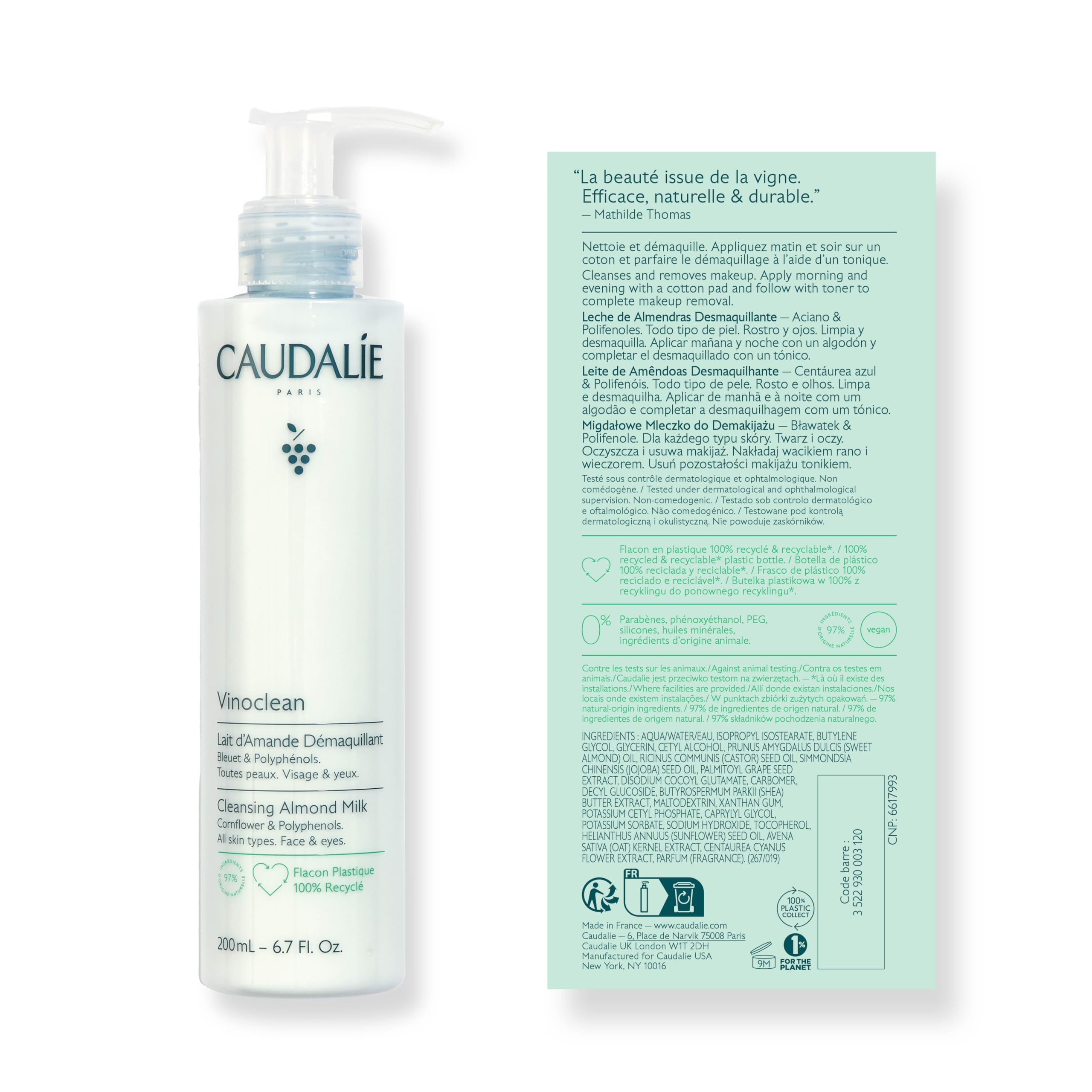 Caudalie Vinoclean 200ml packaging back view highlighting size and product labeling