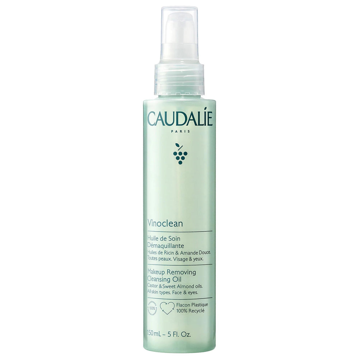 Caudalie Vinoclean cleansing oil bottle pour demonstrates fast makeup removal