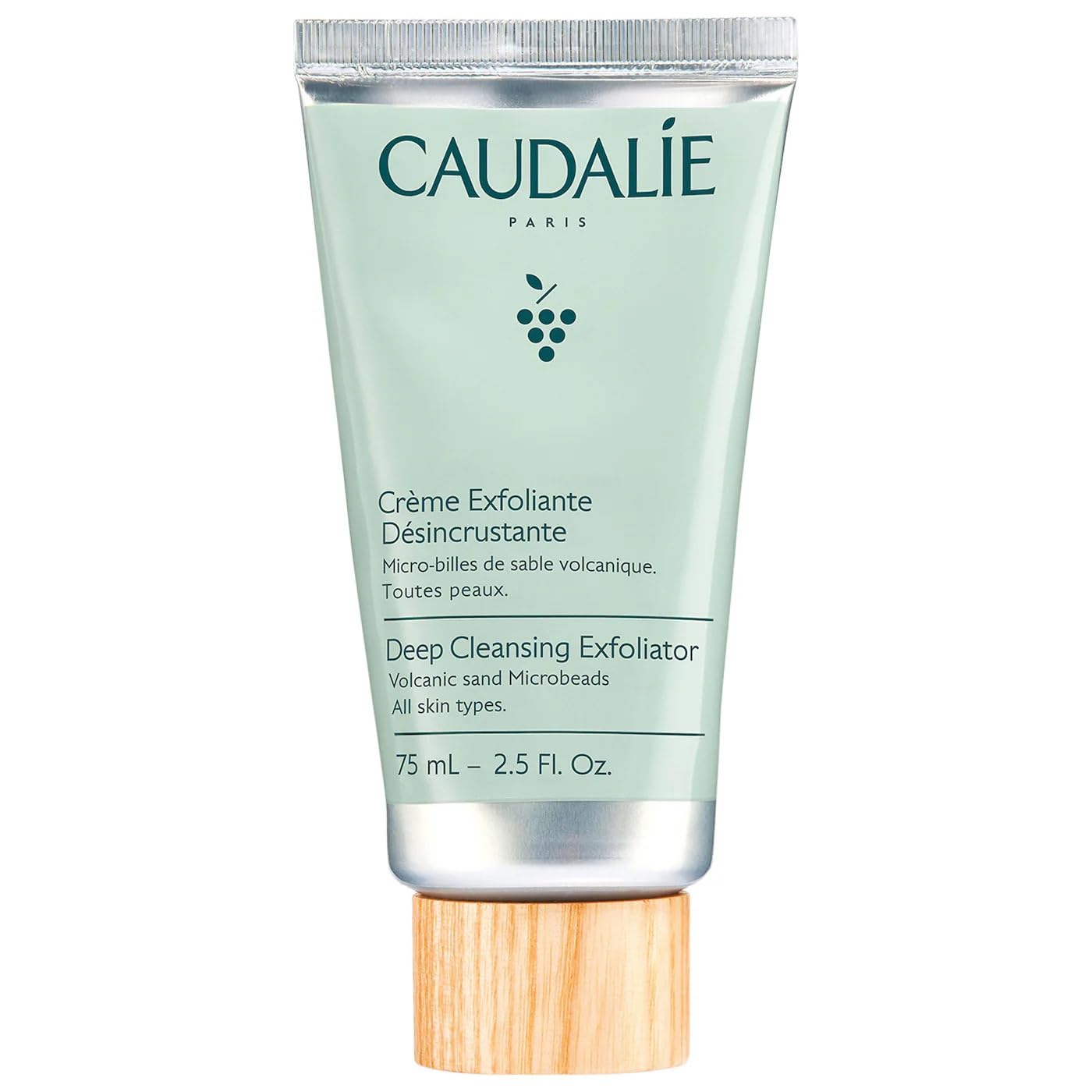 Caudalie Vinoclean deep cleansing exfoliator bottle refreshing pores for brighter skin.