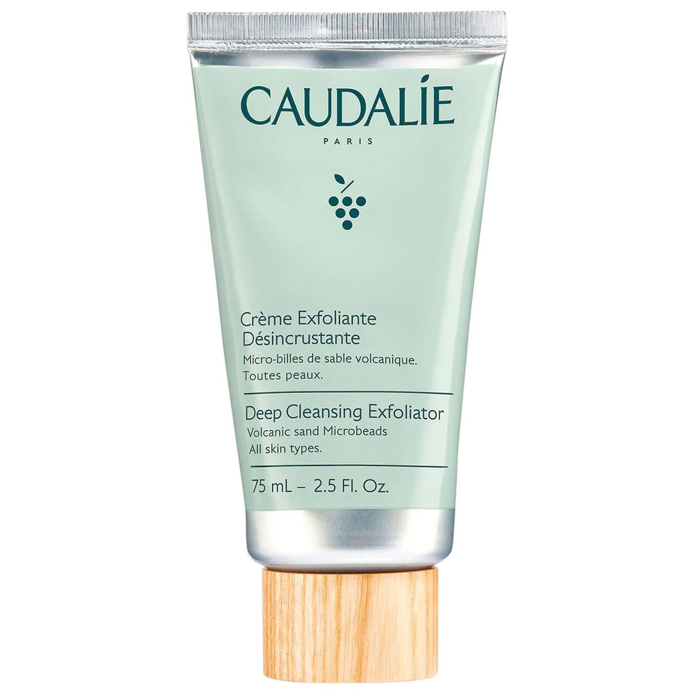 Caudalie Vinoclean deep cleansing exfoliator bottle refreshing pores for brighter skin.