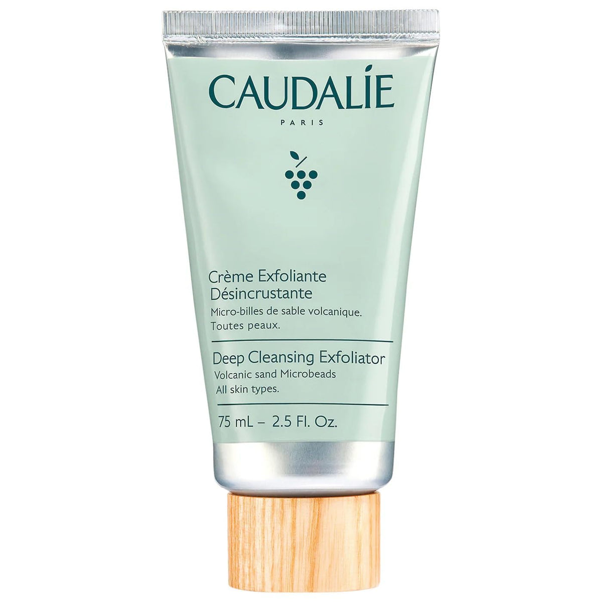 Caudalie Vinoclean deep cleansing exfoliator bottle refreshing pores for brighter skin.