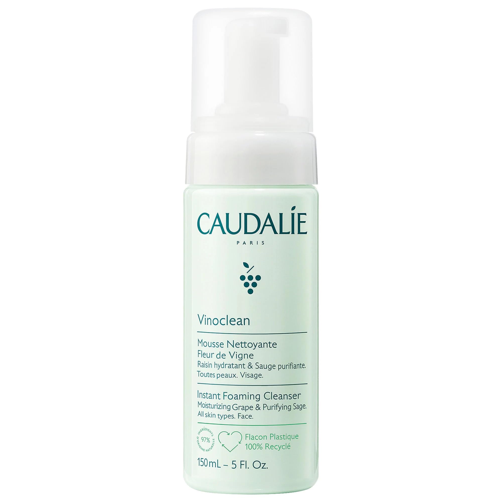 Caudalie Vinoclean Gentle Foaming Cleanser bottle for gentle cleansing on all skin types.