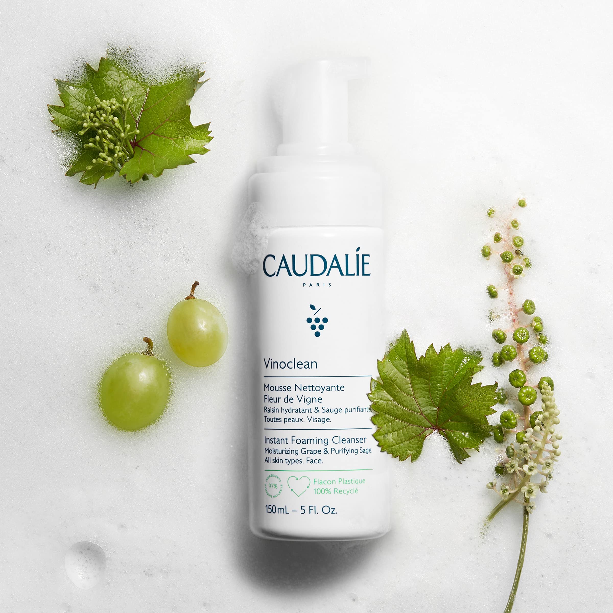 Caudalie Vinoclean close-up of grape water highlights antioxidant hydration for radiant skin.