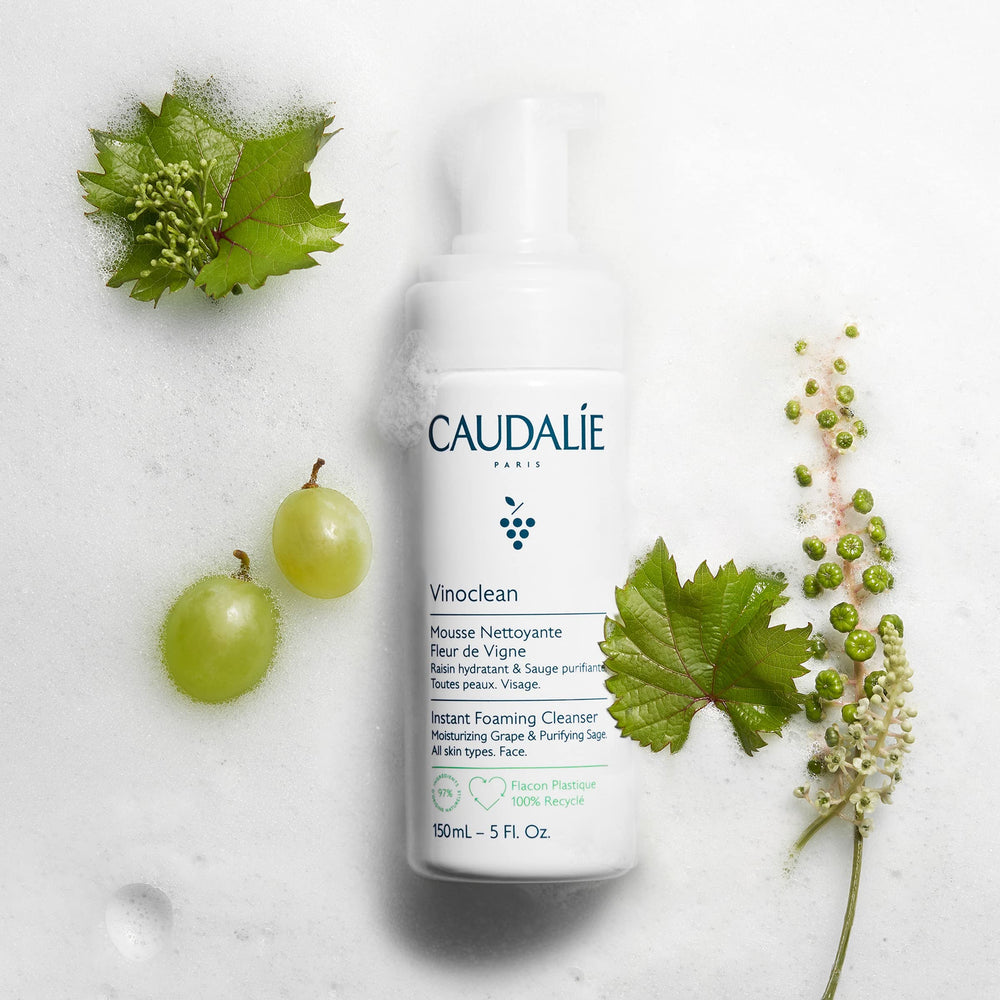 Caudalie Vinoclean close-up of grape water highlights antioxidant hydration for radiant skin.