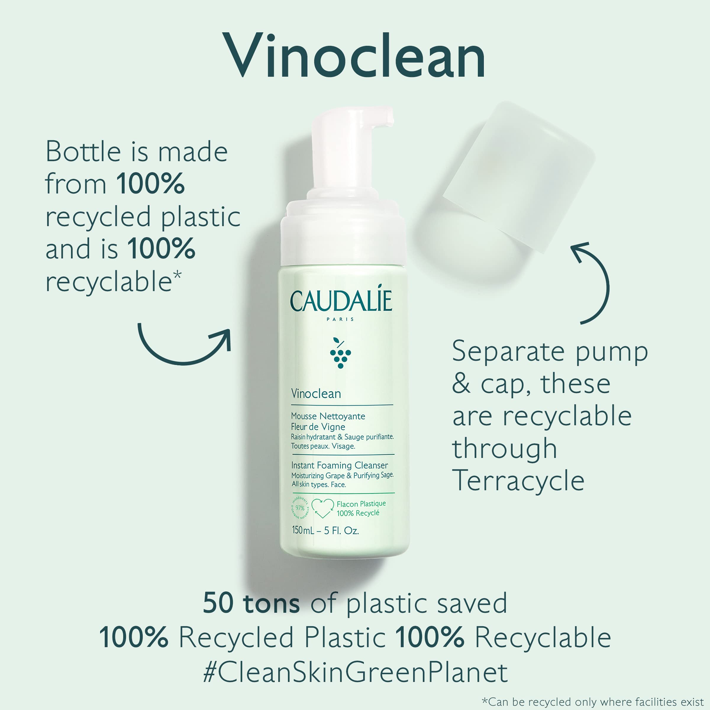 Caudalie Vinoclean rinse with water shows refreshed skin after cleansing.