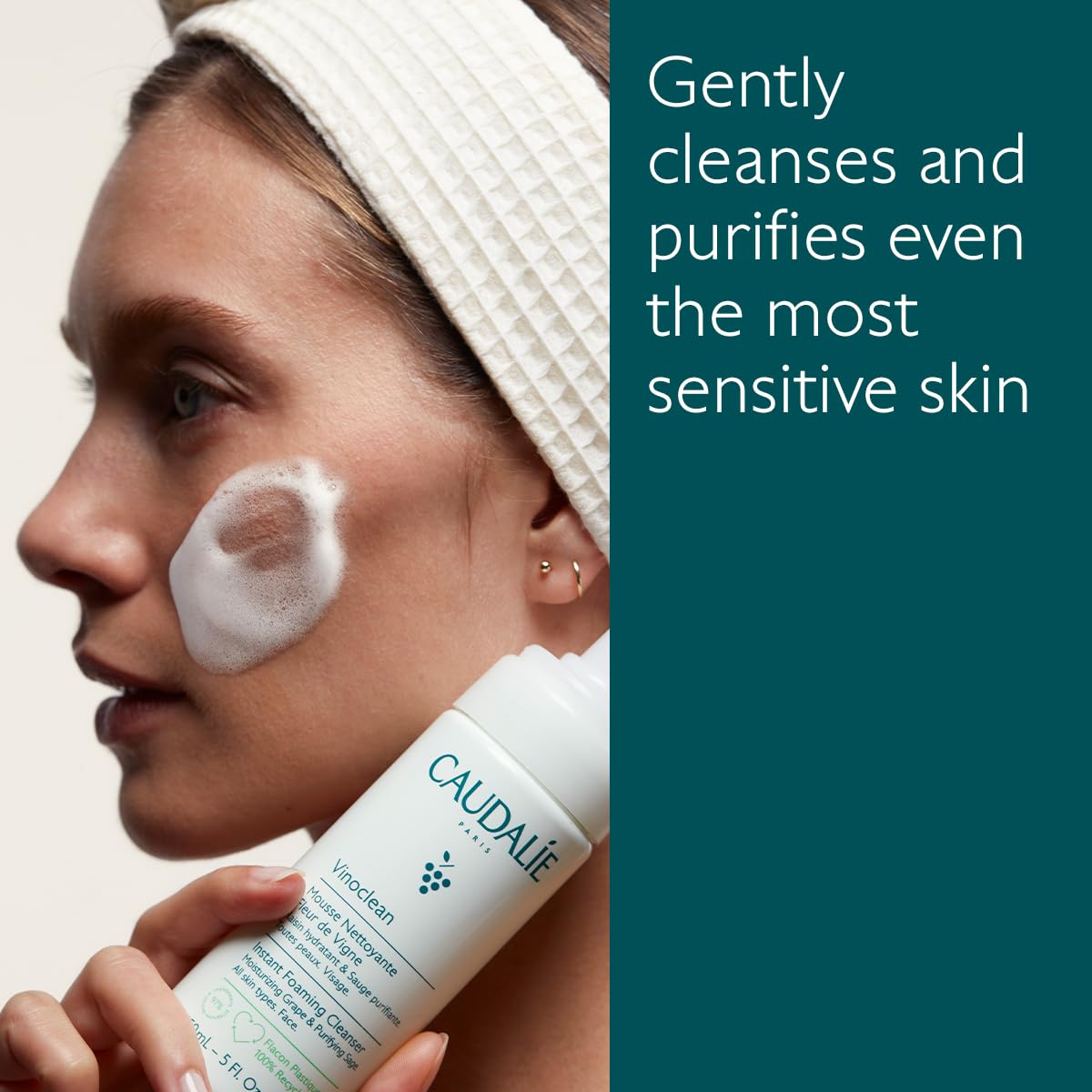 Caudalie Vinoclean Gentle Foaming Cleanser pump close-up showing airy foam