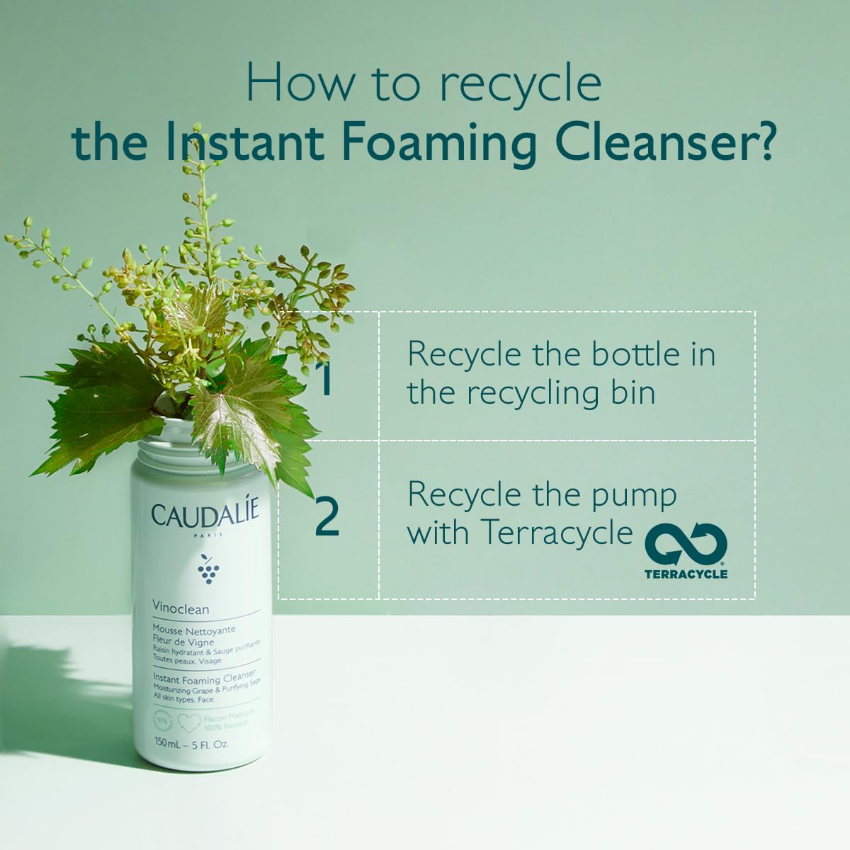 Caudalie Vinoclean usage image shows applying on damp skin circular motions