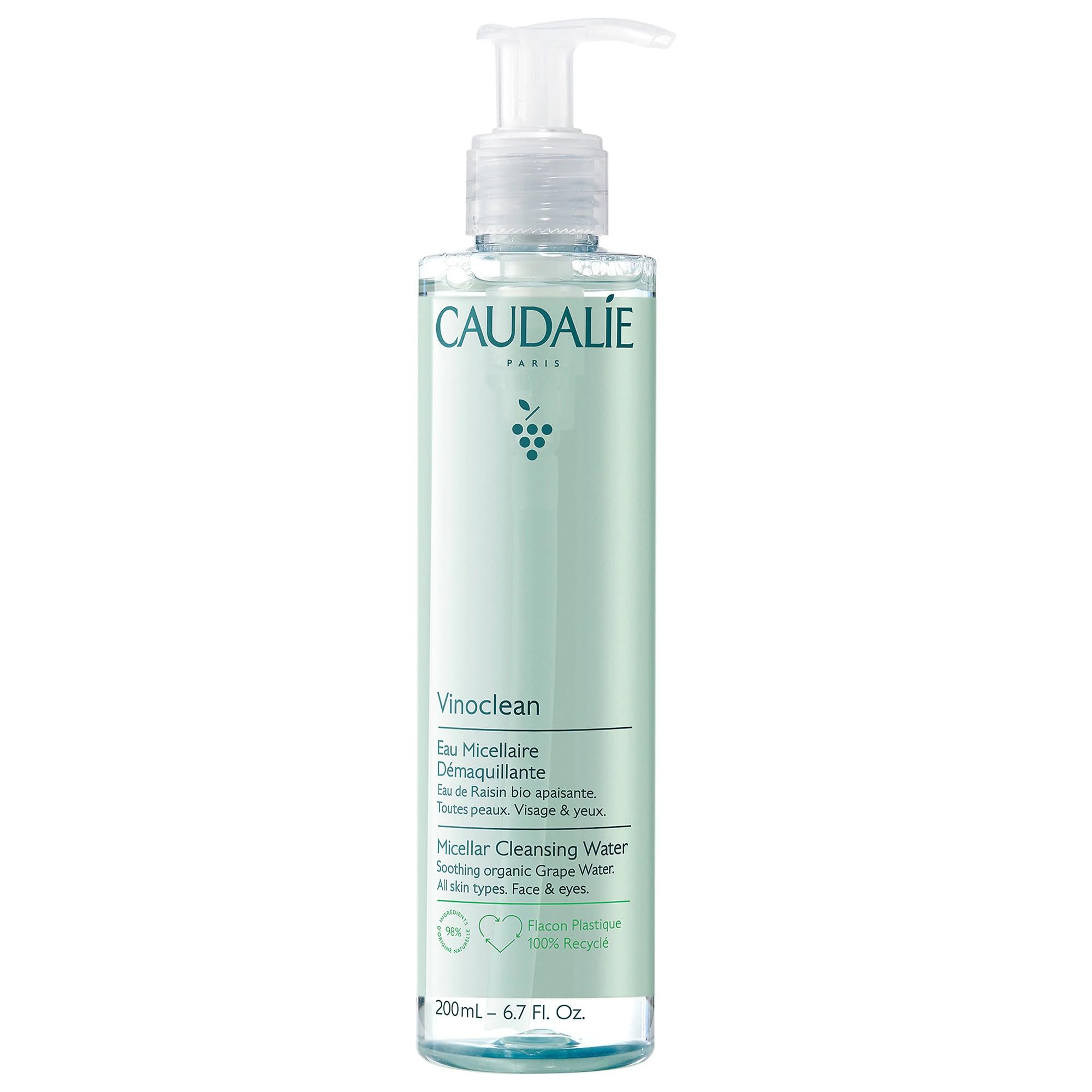 Caudalie Vinoclean Micellar Cleansing Water bottle on vanity for gentle makeup removal.