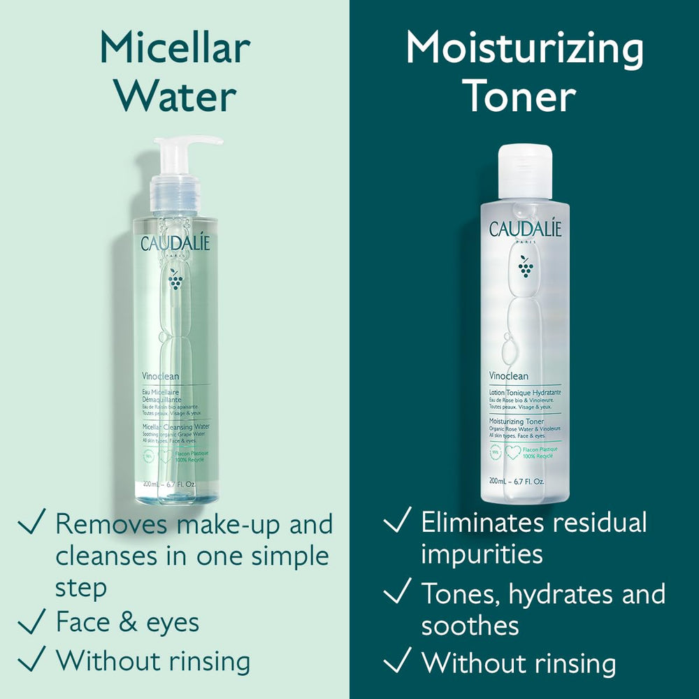 Caudalie Vinoclean Micellar Cleansing Water close-up showing soft skin after cleansing.