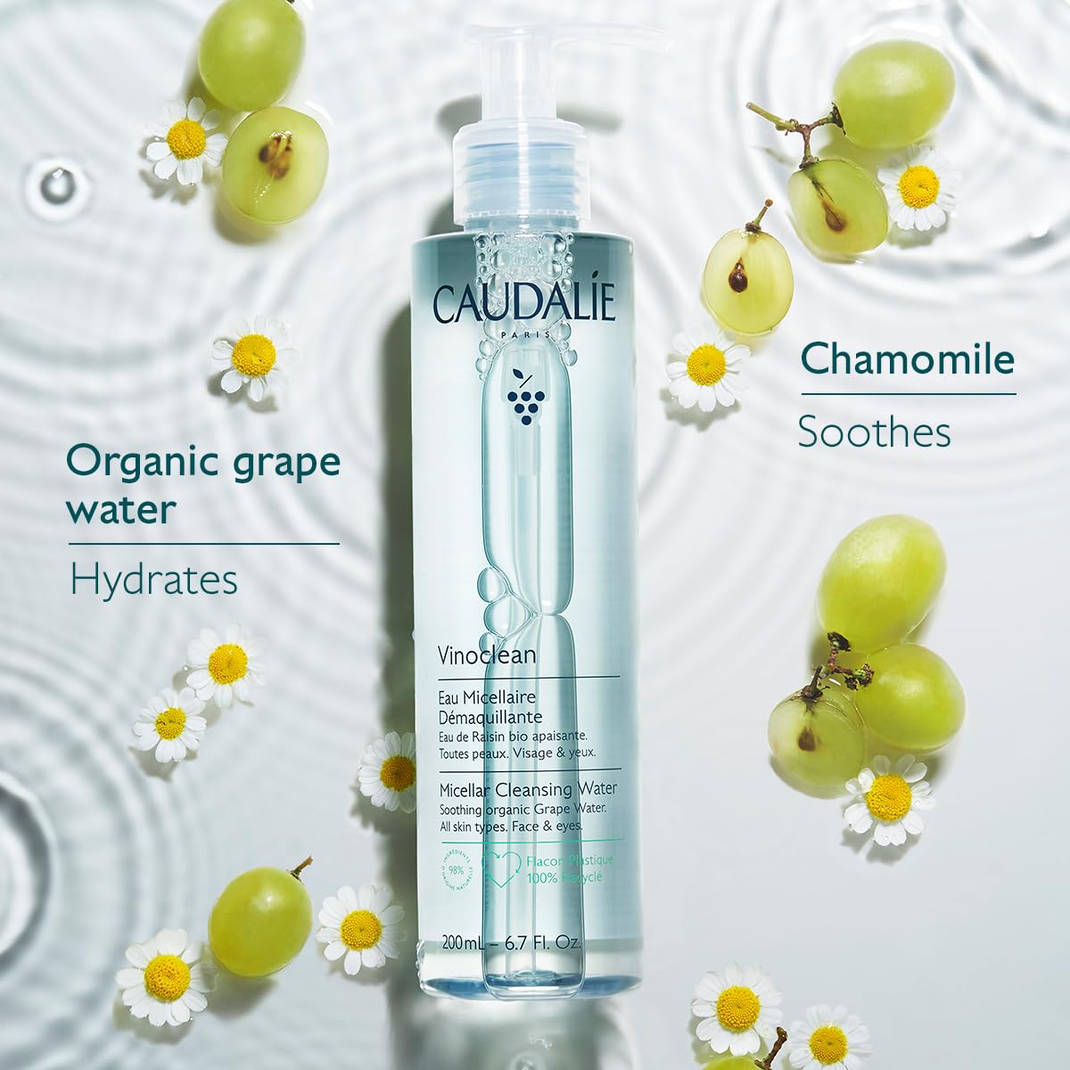 Caudalie Vinoclean Micellar Cleansing Water grape water ingredient emphasizes antioxidant hydration.