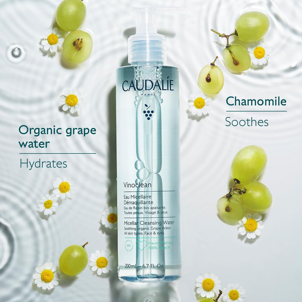Caudalie Vinoclean Micellar Cleansing Water grape water ingredient emphasizes antioxidant hydration.