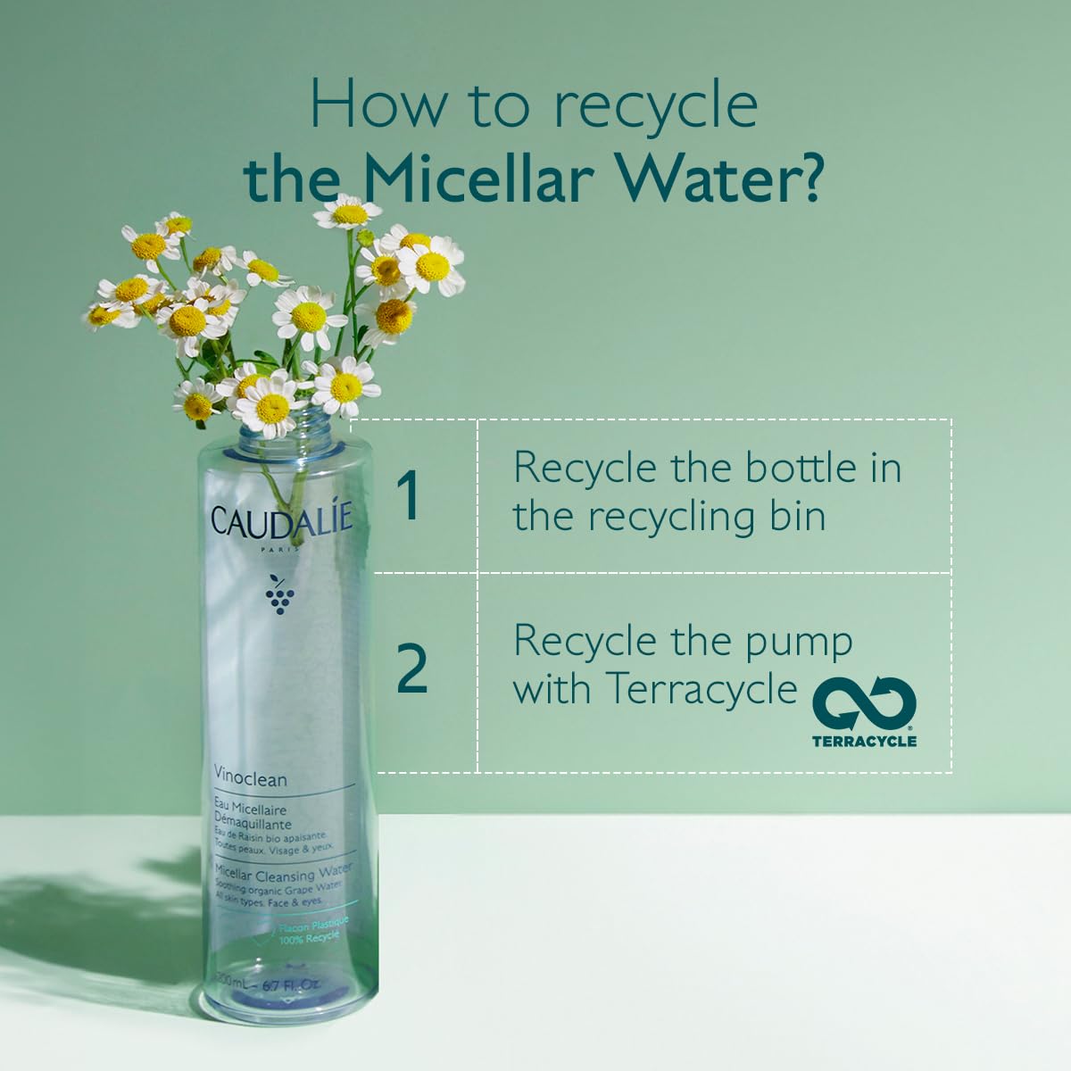 Caudalie Vinoclean Micellar Cleansing Water vegan formula bottle against clean skincare scene.