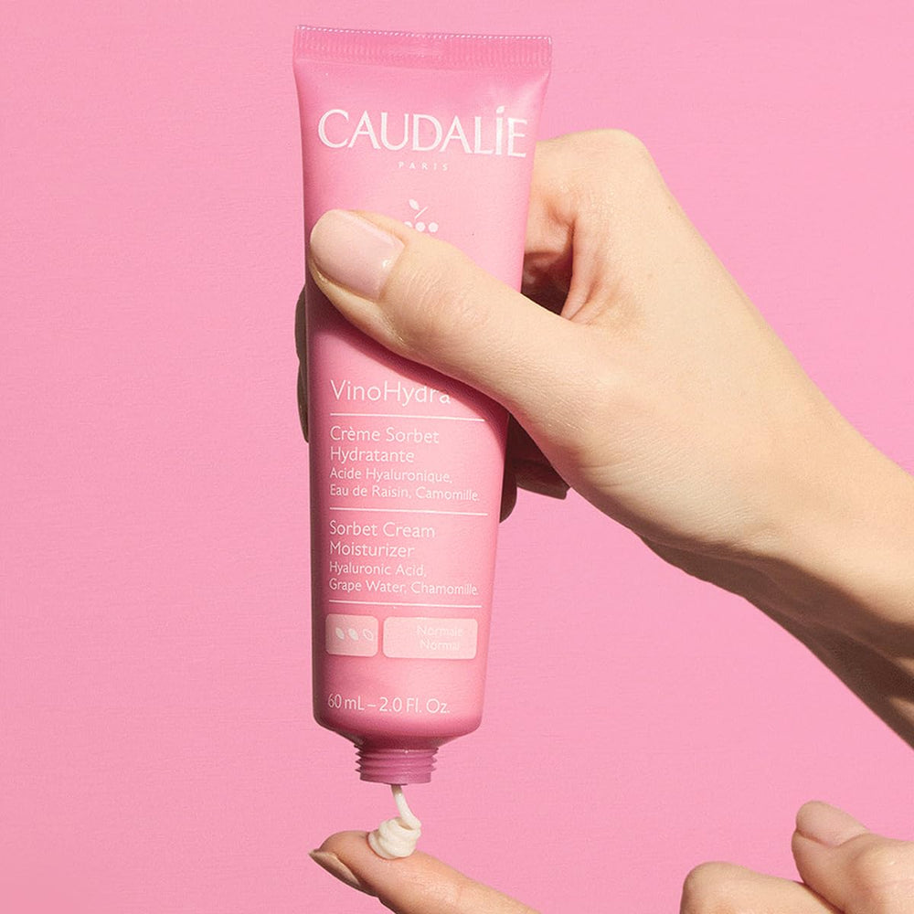 Caudalie VinoHydra Sorbet Cream on clean face suggests soothing hydration for redness relief