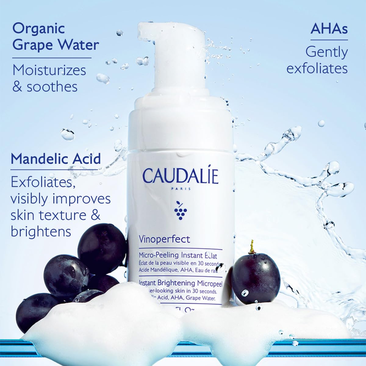 Caudalie Vinoperfect brightening foam rinse demonstrates quick rinse and brightening potential.